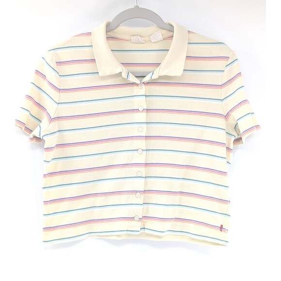 Levi's Yellow Cropped Collared Striped Short Sleeve Polo Shirt Top Size Medium - Picture 1 of 11